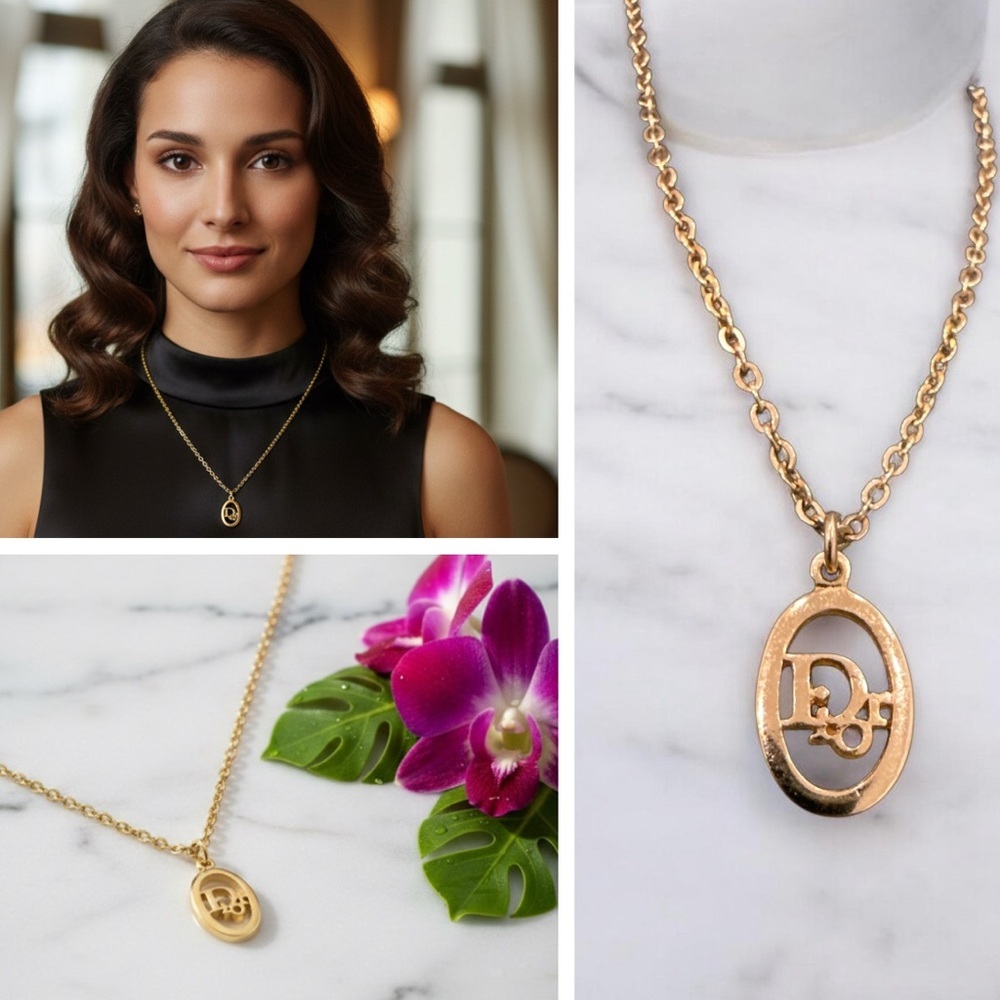 DIOR Vintage Gold Logo Necklace Oval Pendant Choker Style CD Authentic